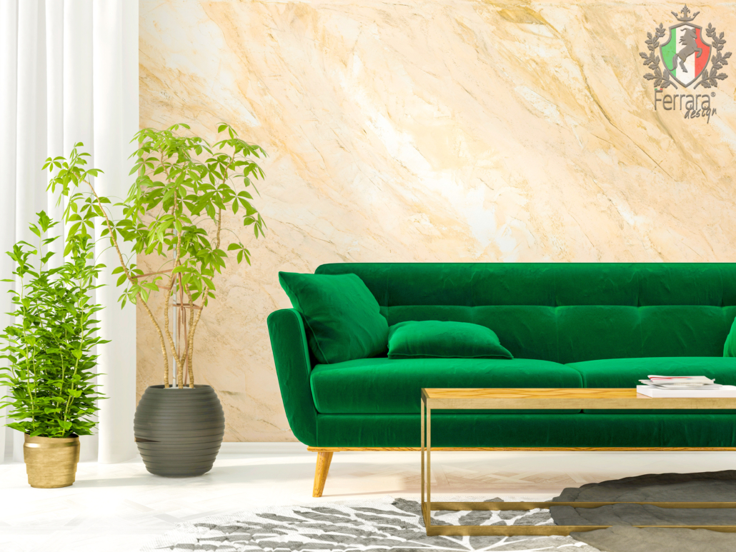 3D illustration. Interior of the living room with green sofa